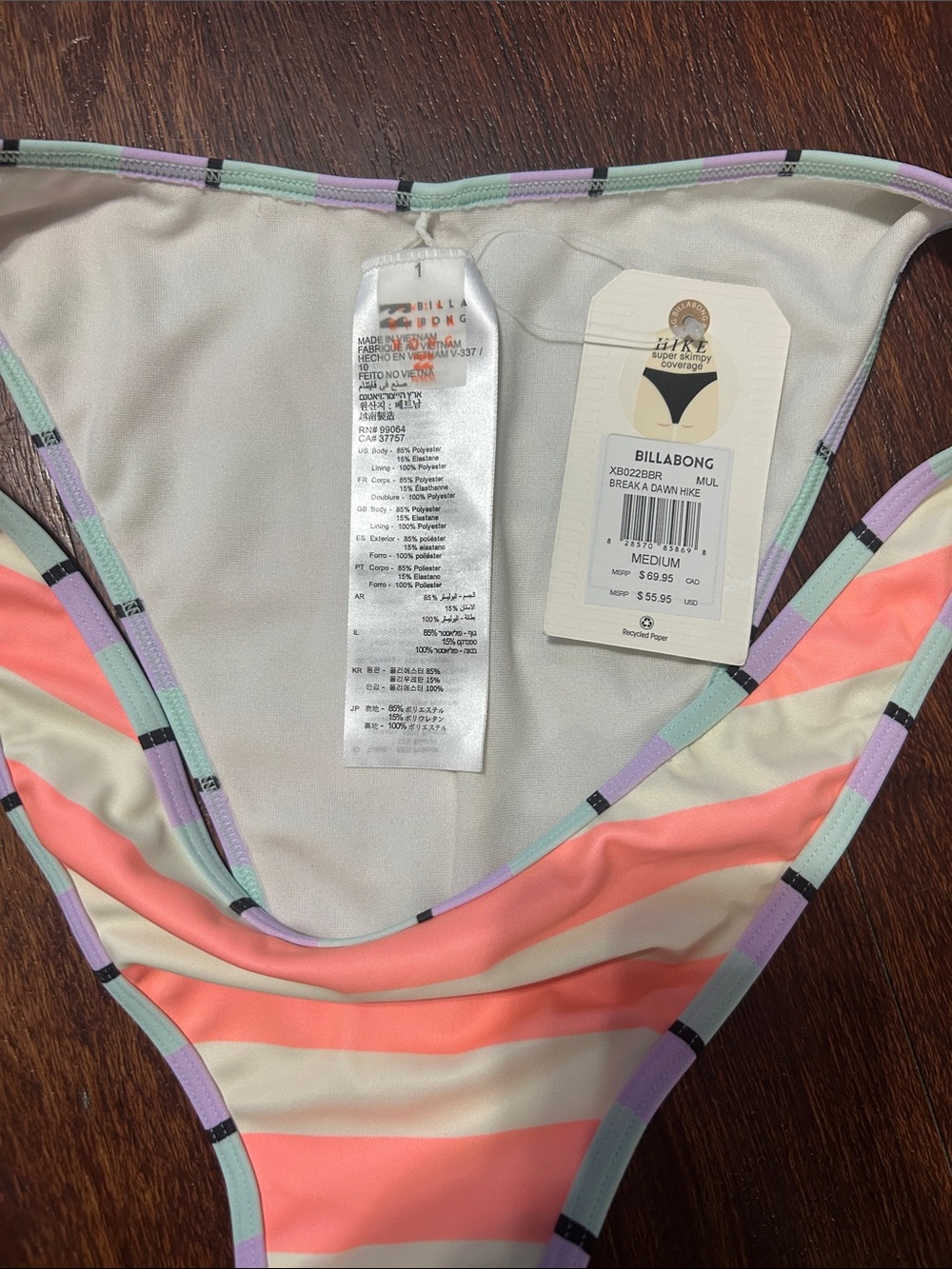 Billabong Coral & Cream Striped Bikini Bottom with Mint and Lavender Trim - Picture 3 of 7